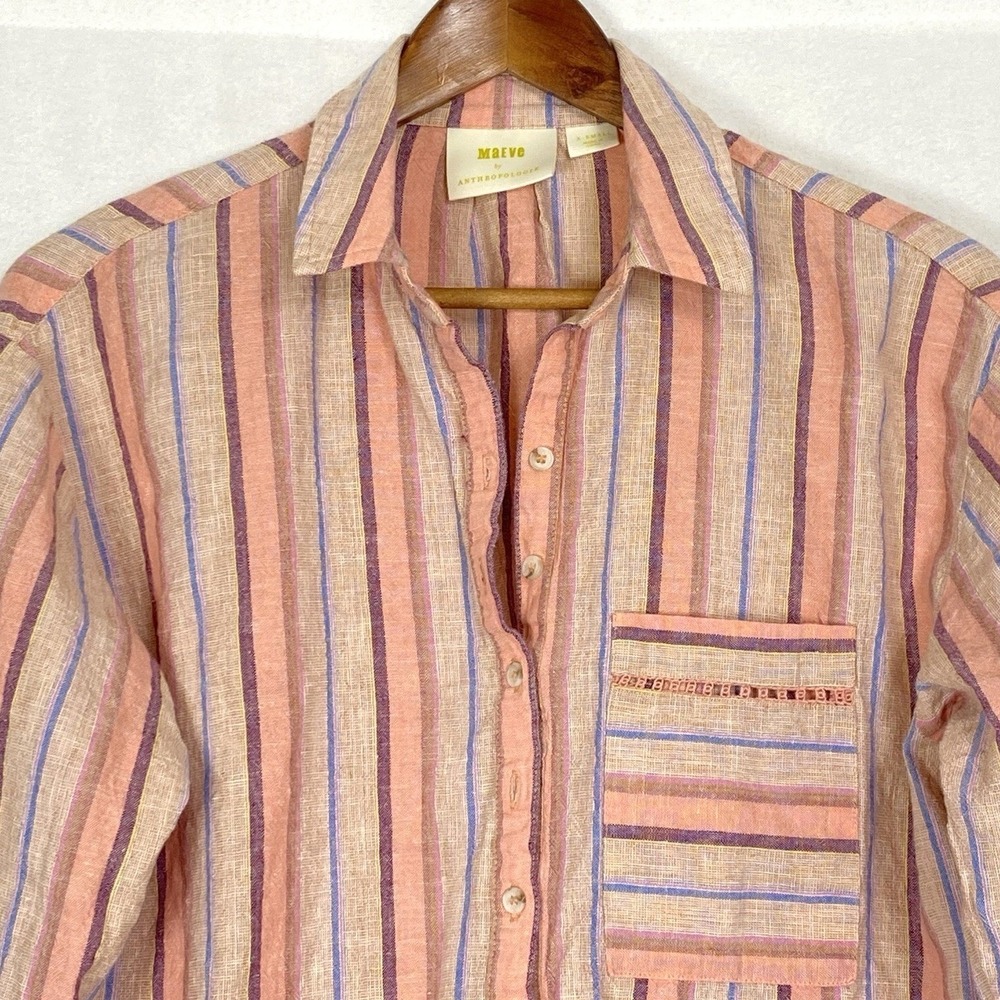 Maeve Anthropologie XS Button Down Shirt Striped Blouse Oversized Preppy Coastal - Picture 4 of 7